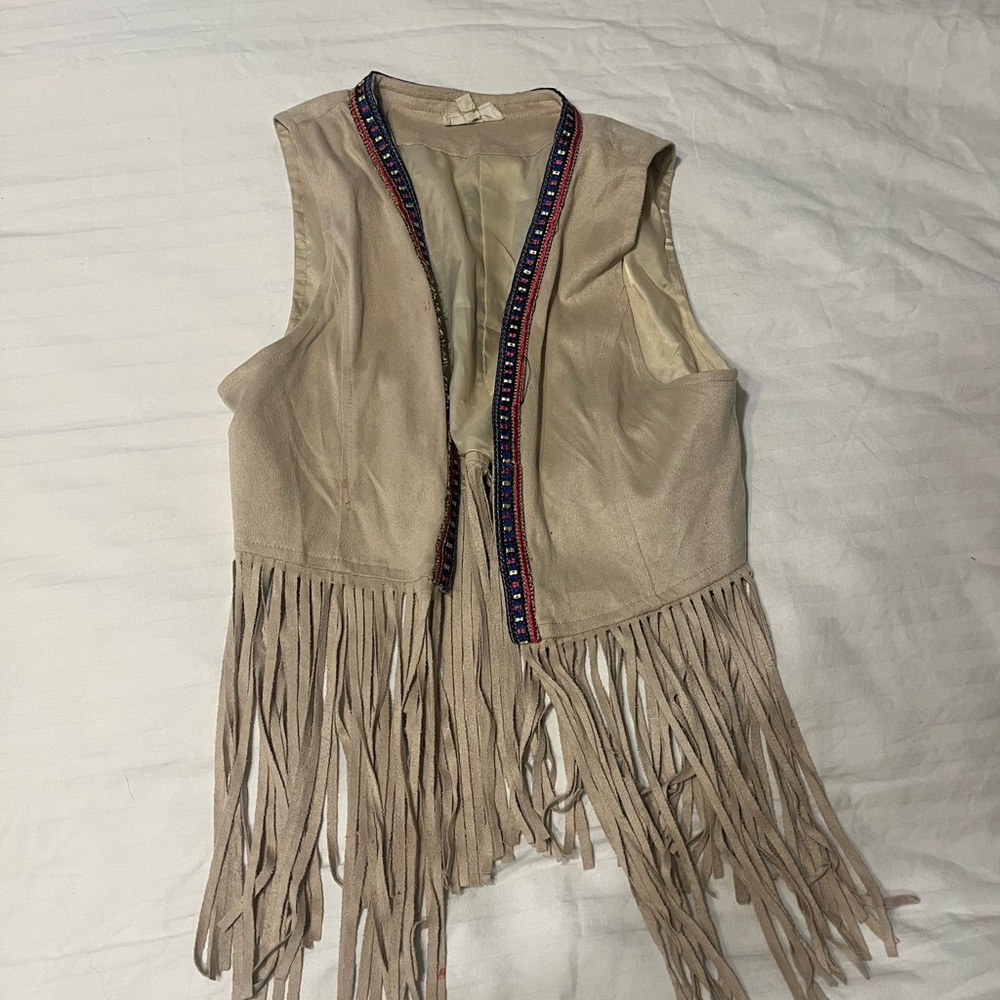 Fringed Tan Vest with Colorful Trim